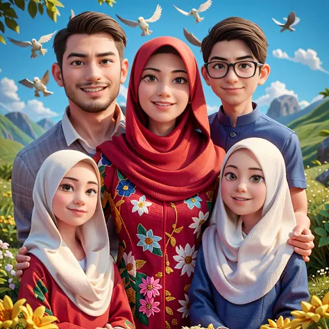 arafed family portrait with a mountain background and birds flying overhead, an indonesian family portrait, happy family, potrai...