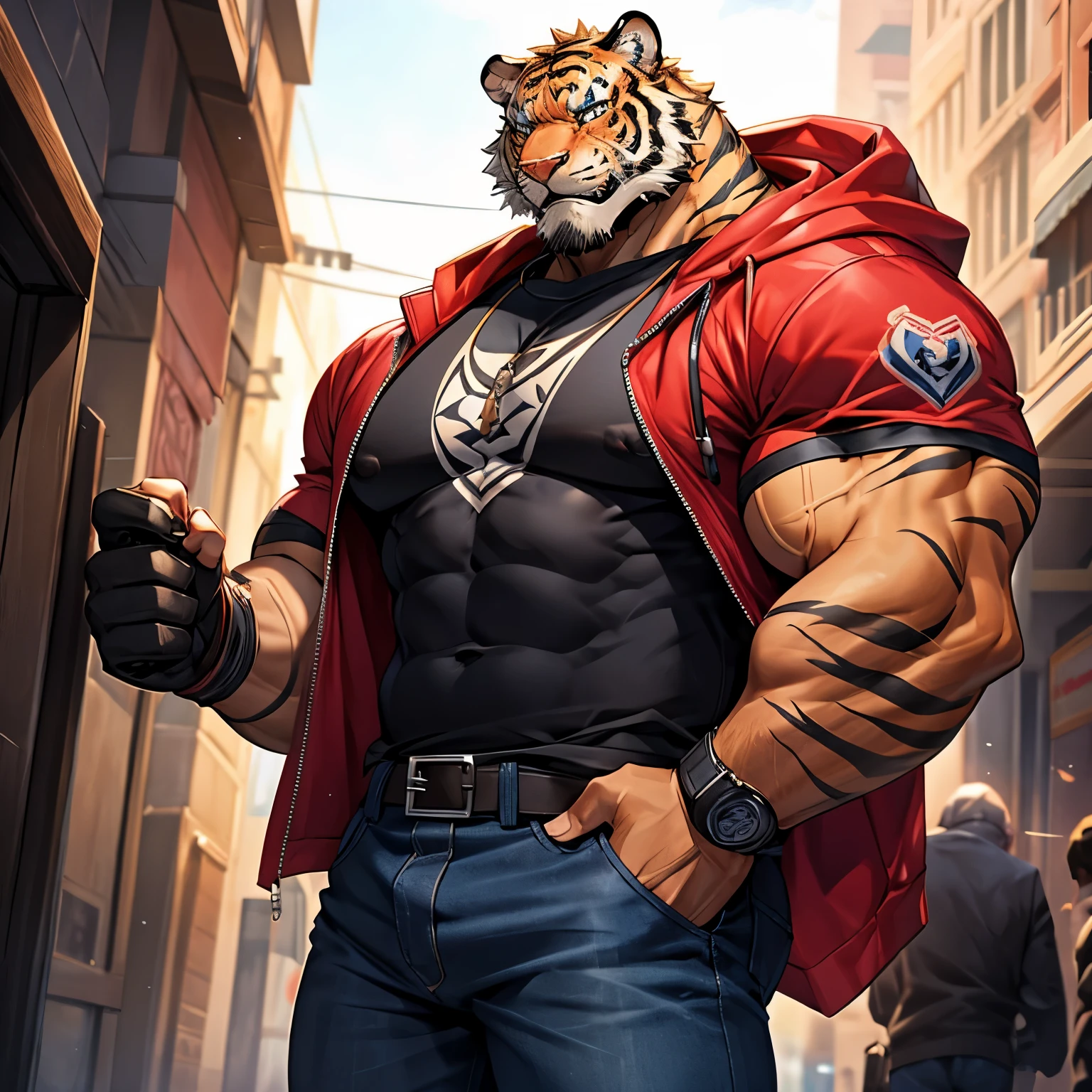 A close up of a tiger in a red jacket and jeans - SeaArt AI