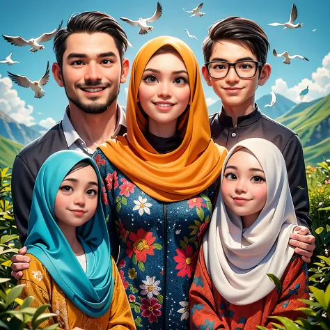 arafed family portrait with a mountain background and birds flying overhead, an indonesian family portrait, happy family, potrai...