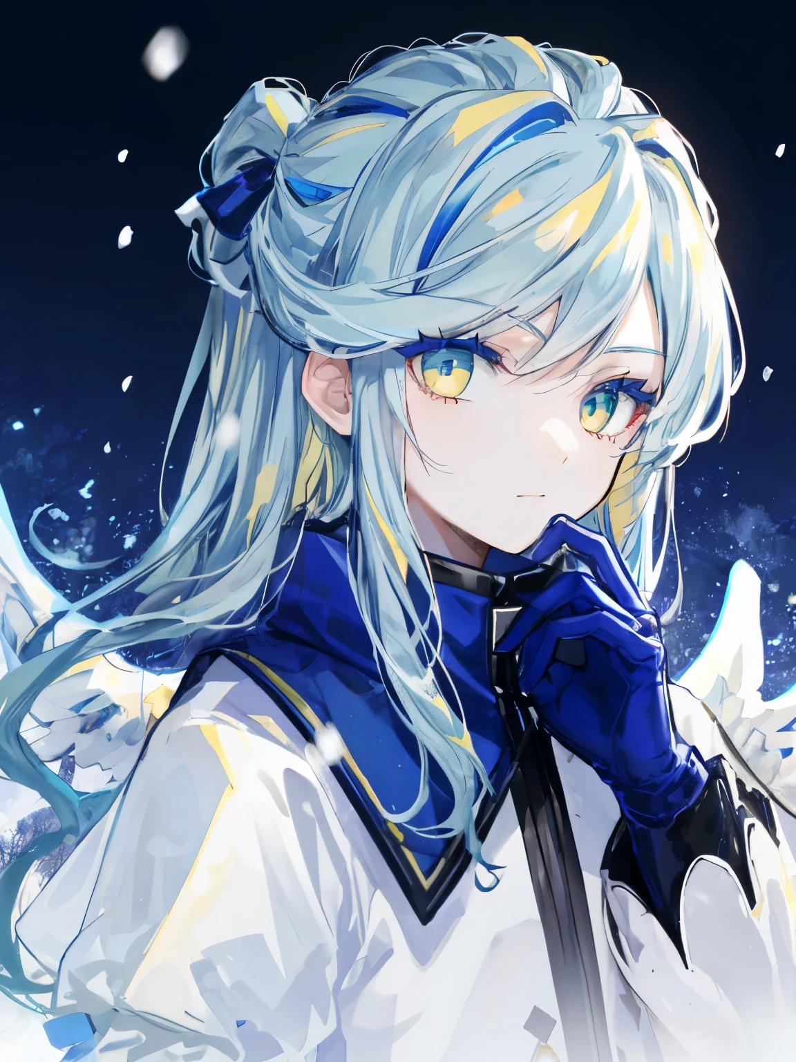 highest quality、table top、super detailed、perfect face、very detailed、very delicate、1 boy, (cute), Angel, light blue hair、half up、place々Blue Mesh、blue and yellow gradient eyes、Noble attire、snow mountain、Snow blows、nature