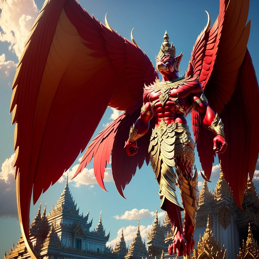 (Garuda 1) Red eyes, muscular body. Best anatomy: Red-skinned Garuda. Red-haired Garuda. Large, outstretched, red-winged Garuda. perfect wingspan Wear jewelry made from gold with Thai patterns. Gold jewelry decorated with diamonds on Garuda's head Wearing Thai cloth pants, Thai silk, red Thai pattern. Hands on hands and legs look like perfect birds. Hands, legs, feet are perfect. Stand on the ground, look straight, stand fully. The skin is the most detailed. The skin is red. The fur is the most detailed red. Red eyes, best detail The best anatomical details, details, cloth, accessories, Thai warrior armor. Best Metal Details Best Weapons Best Weapon Details (Special details Masterpiece quality Realistic Photos(Ultimate Realistic Photos 8k,16k,32k) Maximum realism and best lighting details. Best light quality, best shadows World class photography studio (Best close-up view)(The backdrop of the Thai temple castle is extinguished with gold, silver, emeralds, diamonds, perfect. The background is the sky, clouds, and fog. It feels natural and realistic.)