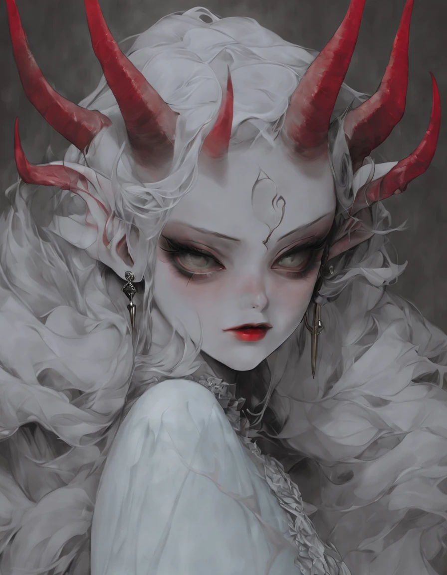 Portrait, close up, Bron above, Skinhead girl, demon girl, very angry, ((total smokey eyes)), (skinhea:1.2 ) , (emerald eyes), (white blouse), (long intricate horns:1.3), red liquid lips,  (best quality), highest quality, extremely detail,  8k, wallpaper, detailed and intricate,