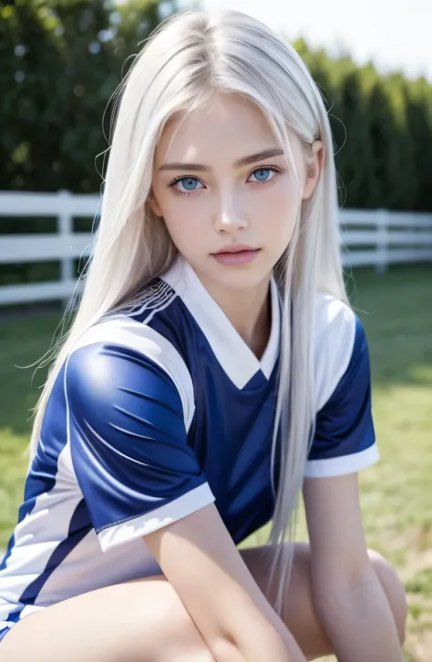 １４歳のwhite人モデル, 立っているPhoto above the knee,（(Clean clothes)), volleyball uniform, Natural light, きれいなwhite人女性, white hair, lazy sm...