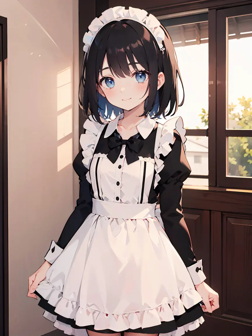 1girl, solo, looking at viewer, blush, medium hair, light black hair color, red eyes, maid clothes, standing, collarbone, cowboy...
