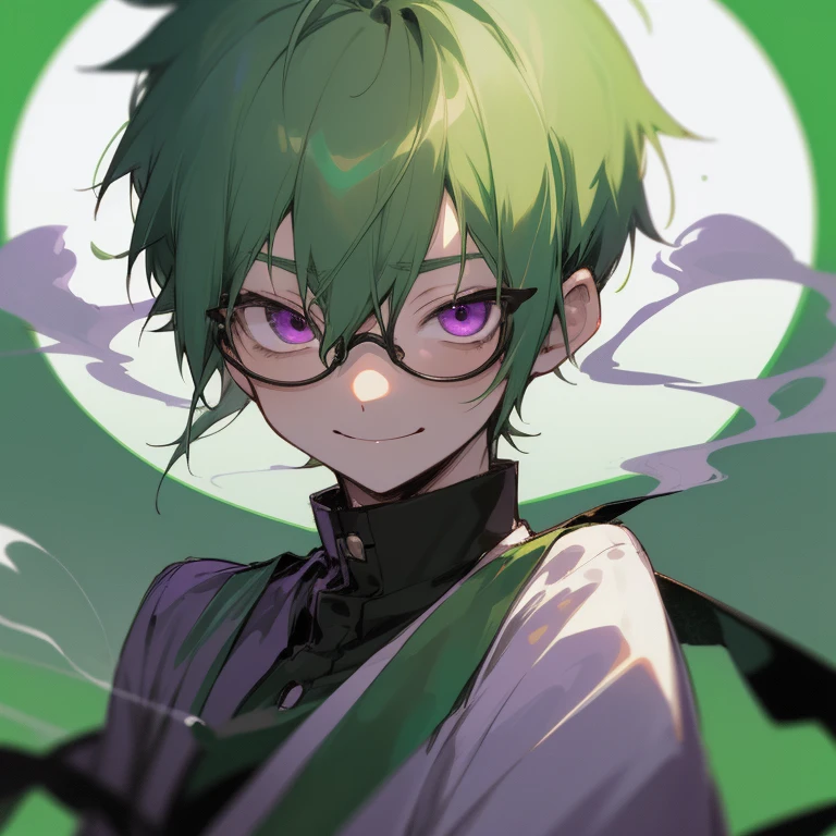 chico shota,Pelo verde,cabello corto,usando gafas circulares negras,dos antenas verdes,ojos morados,lindo,piel blanca,inocente,sonriente,tímido,noche en shanghai,de fumar