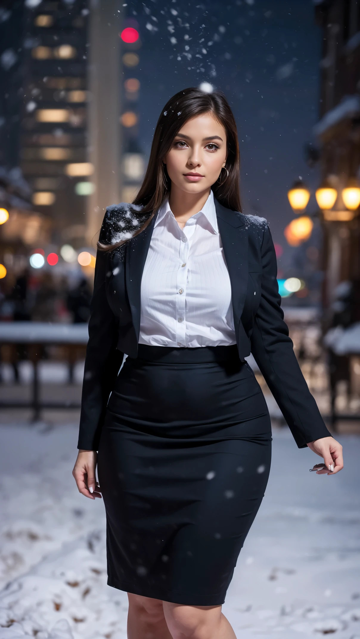 A woman in a black skirt and white shirt is walking in the snow - SeaArt AI