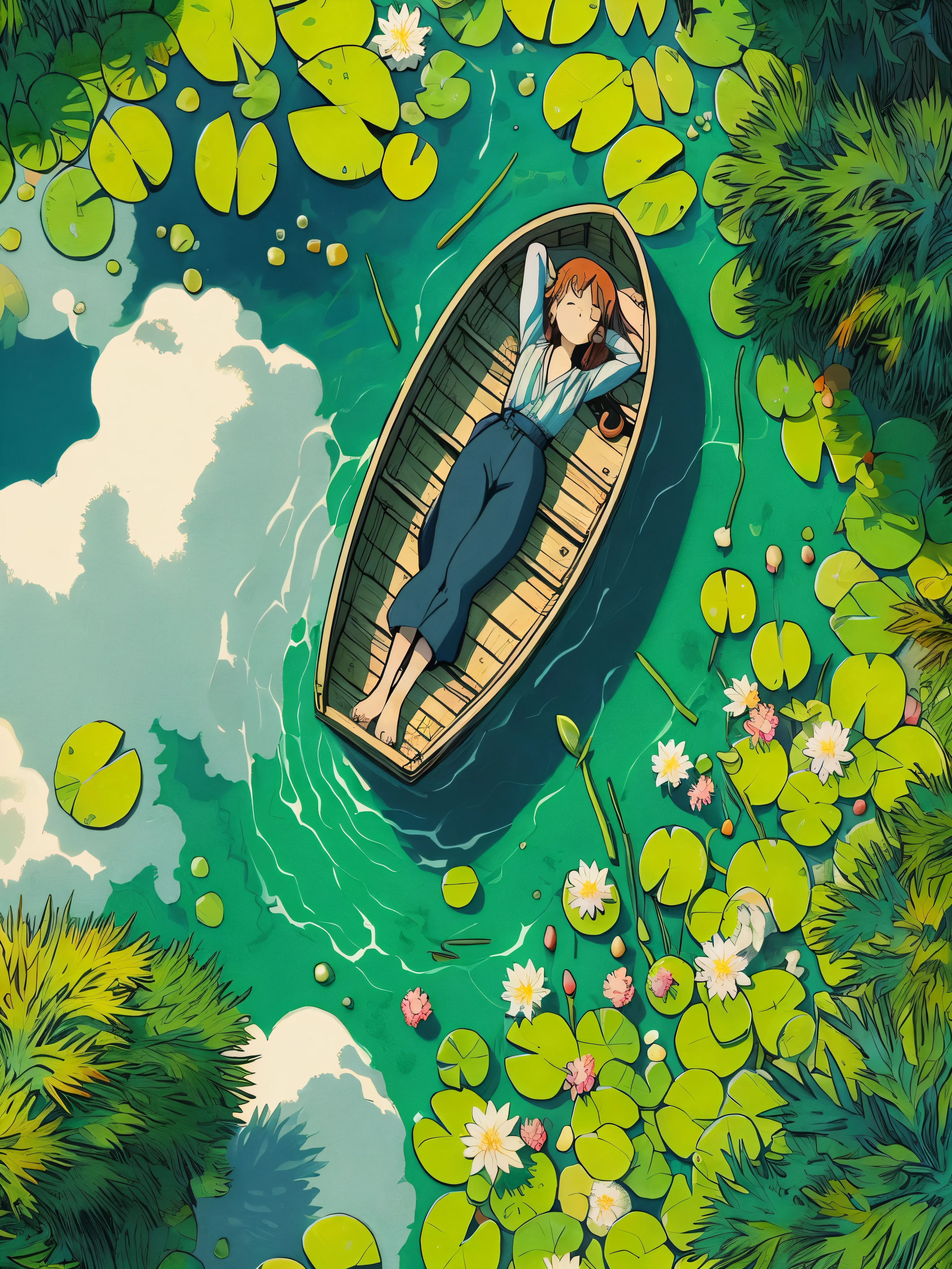 Anime girl in a boat floating on a lake with lily pads - SeaArt AI