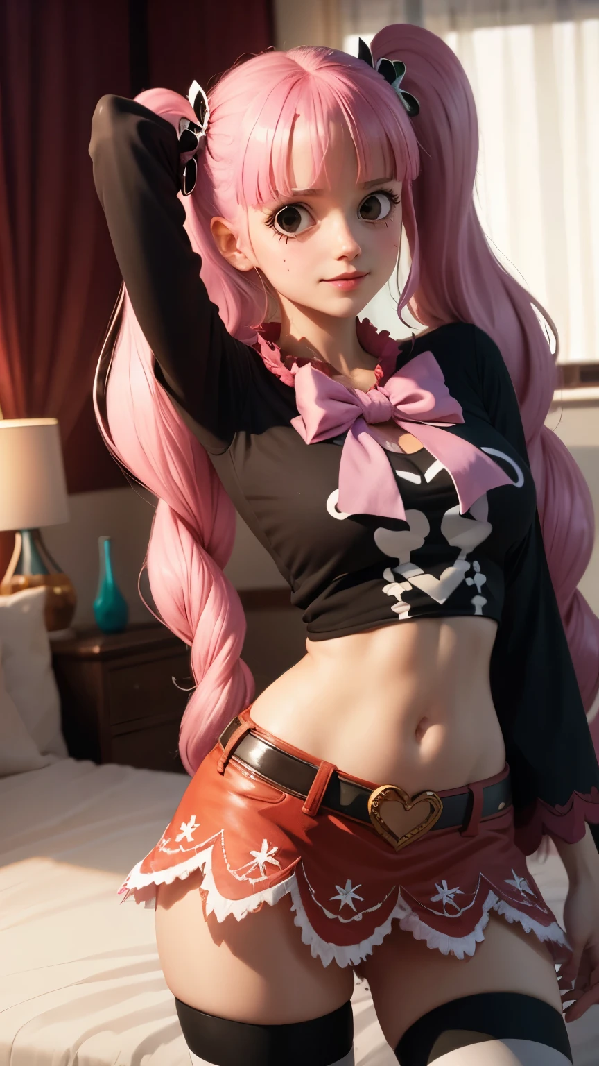 extremely detailed CG unity 8k wallpaper, best quality, ultra-detailed, masterpiece, realistic, photo realistic, blush, parted lips, looking at viewer , half body shot , (Perona One Piece), pink long hair, blushing, embarrassed face, lying on bed, arms behind head, cute face, goth outfit, twintails, stripe legging, skirt, smile at viewer,