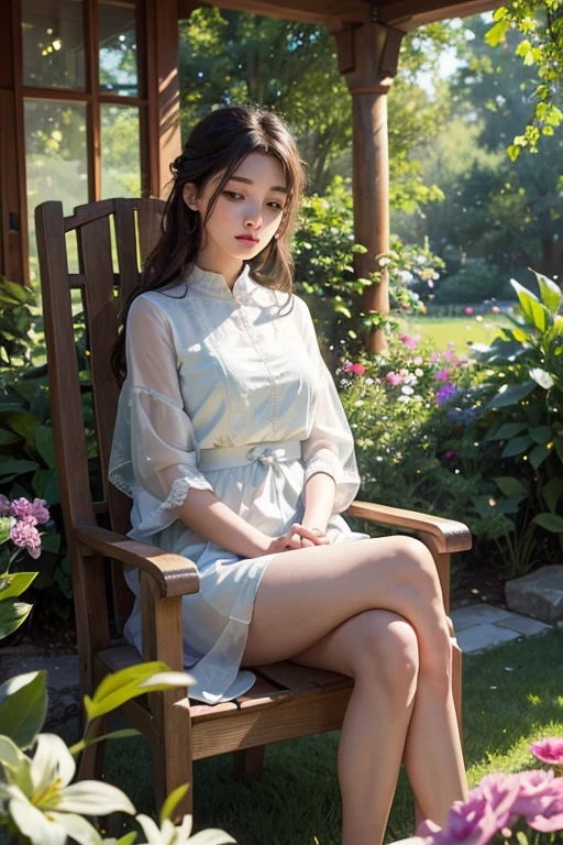 A girl sitting in a cross-legged position on a chair, with her legs crossed and hands resting on her lap. The scene takes place in a vibrant and lively garden, with colorful flowers and lush greenery surrounding her. The girl has beautiful detailed eyes and lips, with long and fluttering eyelashes that accentuate her expressive face. She exudes a sense of serenity and peace as she engages in a séance, with focus and concentration. The medium used to depict this artwork is a realistic and photorealistic style, with ultra-detailed and high-resolution rendering. The colors are vivid and vibrant, with a warm and inviting color palette that enhances the overall atmosphere. The lighting is soft and gentle, casting a natural glow on the girl and the surrounding garden. The artwork captures a moment of tranquility and inner reflection, inviting the viewer to be immersed in the beauty and serenity of Lifeland.