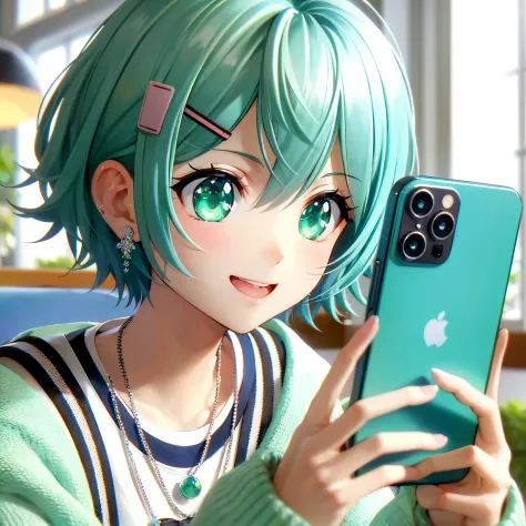 A high-quality 2D anime illustration of Mizuha, a 15-year-old girl with bright mint green short hair styled lightly upwards in t...