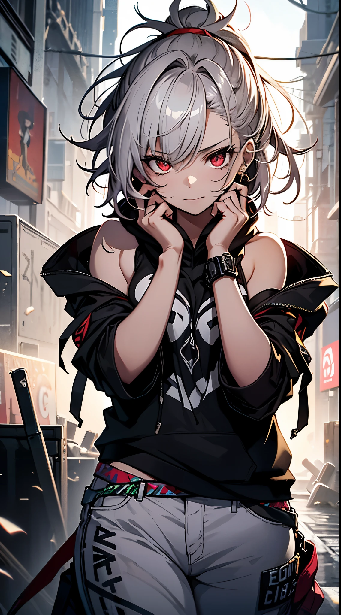 Anime girl with white hair and black shirt standing in a city - SeaArt AI