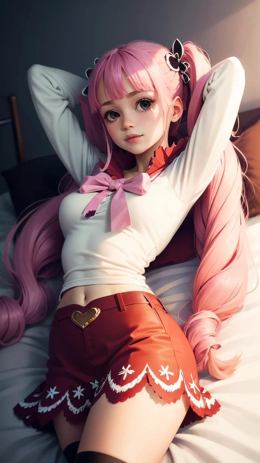 extremely detailed CG unity 8k wallpaper, best quality, ultra-detailed, masterpiece, realistic, photo realistic, blush, parted lips, looking at viewer , half body shot , (Perona One Piece), pink long hair, blushing, embarrassed face, lying on bed, arms behind head, cute face, goth outfit, twintails, stripe legging, skirt, smile at viewer,