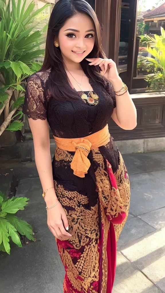 (High quality, 16K, HDR), a beautiful woman with a slender figure, (dark brown layered hairstyle), wearing a pendant, ((kebaya_bali)) outdoors, scenic beauty, lakes and mountains in distant background, details in face and skin texture beautifully rendered, details eyes, (best quality, high resolution, masterpiece: 1.3), a beautiful woman with a slim figure, (dark brown layered hairstyle),((kebaya_bali)), outdoors, background random, details in face and skin texture beautifully rendered, detail eyes, double eyelids, seductive laugh, feminine laugh,high-heels,blue eyes, seductive pose
