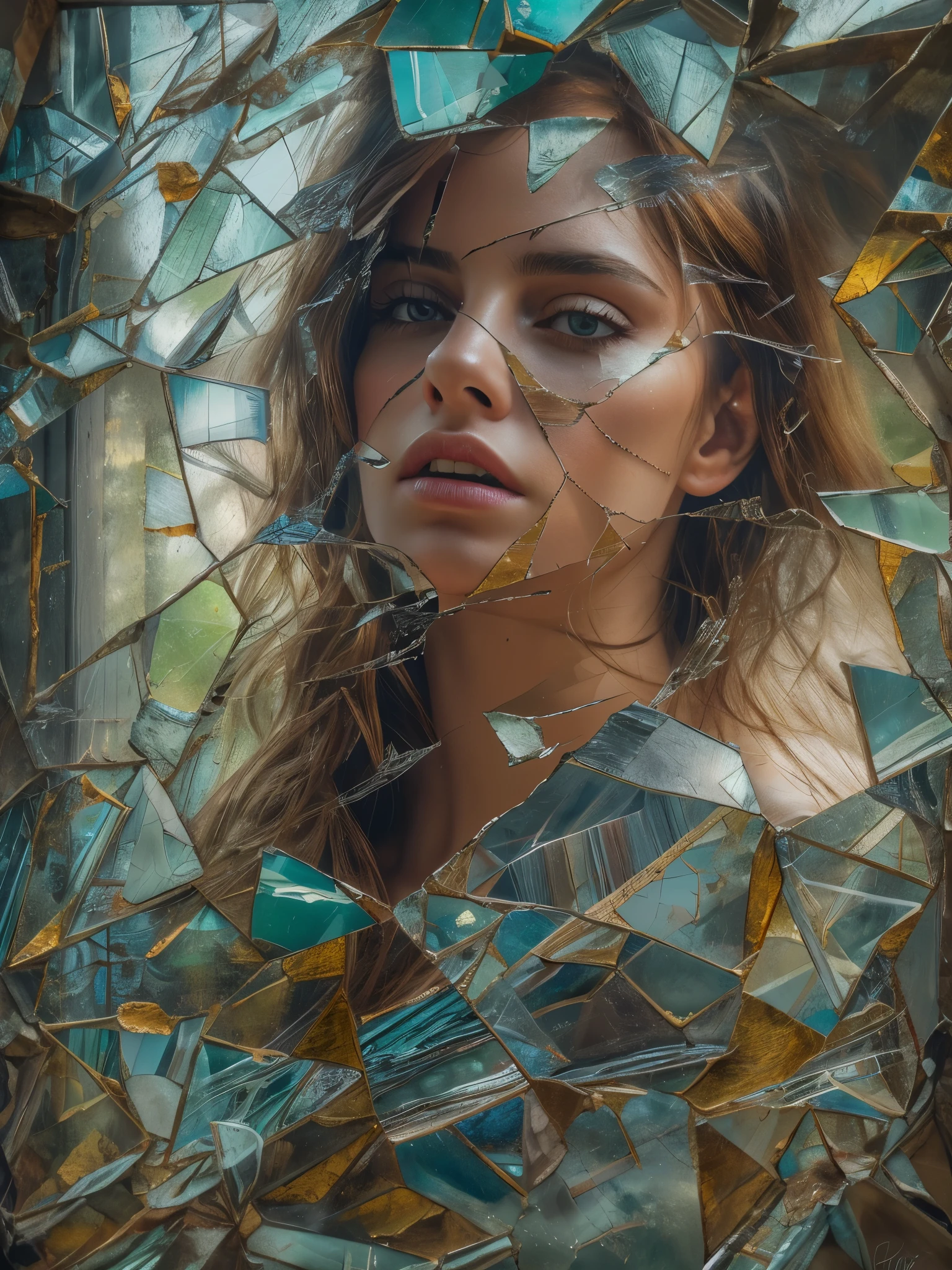 (realistic,photorealistic,photo-realistic:1.37),(best quality,4k,8k,highres,masterpiece:1.2),ultra-detailed,painting,woman,broken glass window,broken mirror,digital art 16k,detailed painting,hyperrealistic digital painting,highly detailed digital art,reflection,shattered glass,distorted reality,emotional expression,portraits,captivating gaze,soft lighting,fragility,feminine beauty,cracks in mirror,splintered glass,expressive brushstrokes,vivid colors,texture of glass,mesmerizing detail,complex emotions,dreamlike atmosphere,contrast in lighting,depth and dimension,subtle reflections,broken pieces,illusion of reality,hidden symbolism,intense gaze,dramatic composition