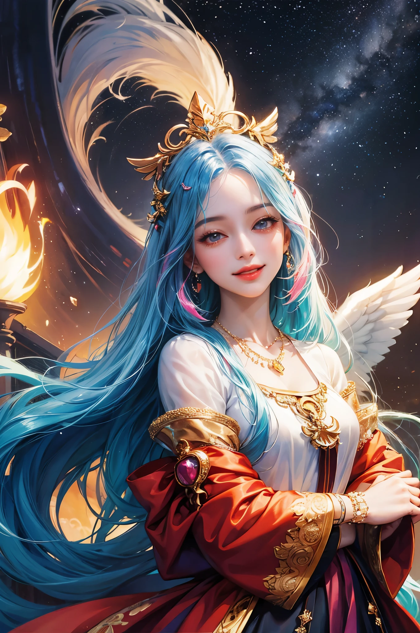 Close-up of a woman with colorful hair and necklace, anime girl with space hair, Rossdraws soft vibrancy, Art in the Gviz style, fantasy art style, colorful], vibrant fantasy style, A vibrant Ross cartoon, cosmic and colorful, Gweiz, colorful digital fantasy art, impressive art style, Nice anime style, shiny hair、Angel、wing、smile、front、lots of hearts in the background、frontを向く、Costume is white、The clothes are soft、wingがはえている、Angel、Angel、体の向きをfront