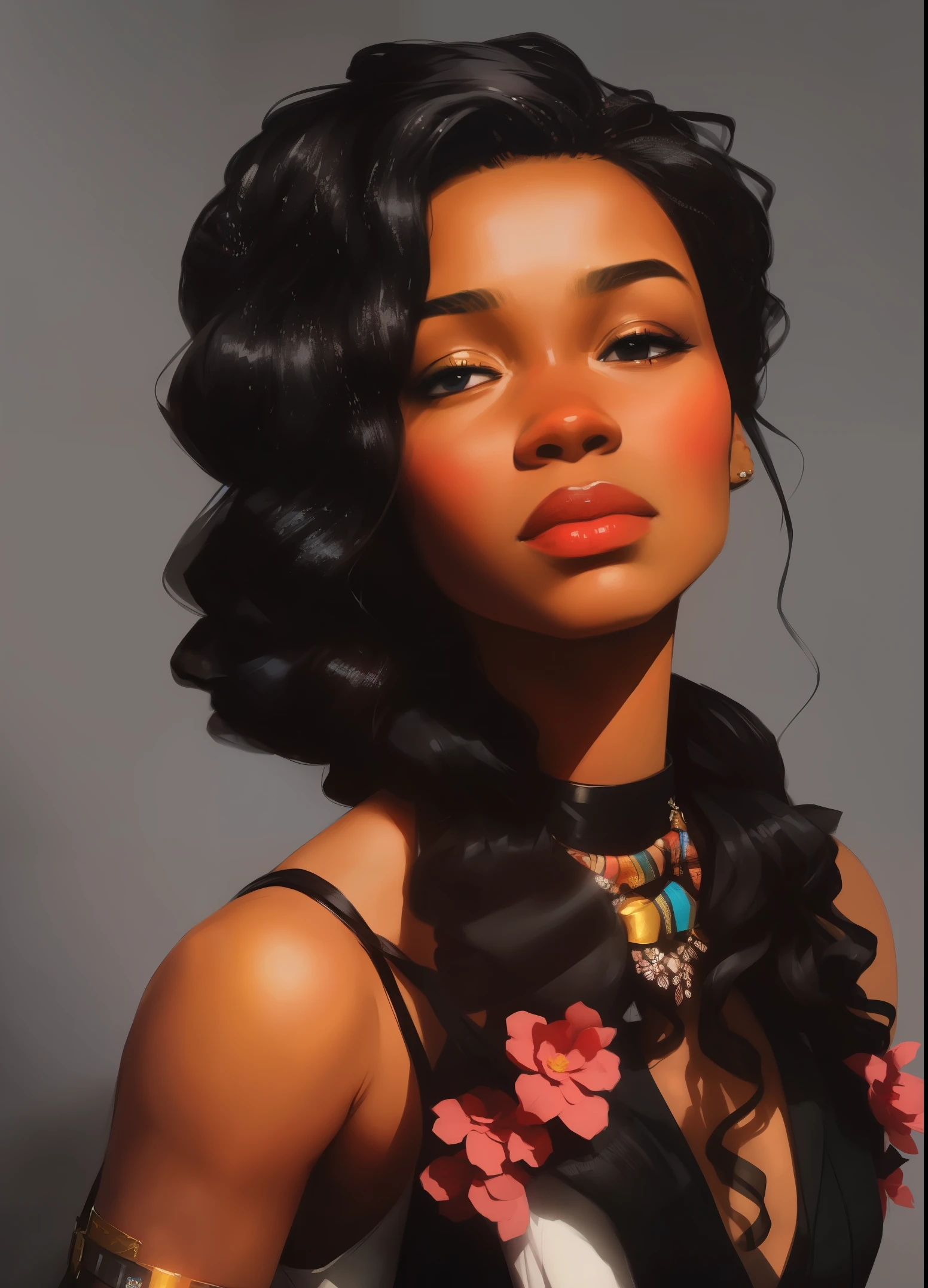 Charlie Bowater, Lithography sketch portrait of a black Congolese woman, rich ebony skin, flowers, dieselpunk, multi-colored ribbons, old paper texture, highly detailed, full upper body, medium shot, masterpiece 