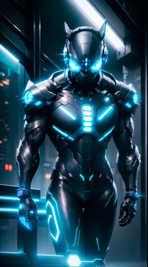 (black,shiny) cybernetic ninja,(best quality,highres),(glowing,emitting)(neon blue)lights,(futuristic,sci-fi,cyberpunk)cultural elements,(sharp focus,ultra-detailed),(acrobatic,fast)movements,(holographic,projected)symbols,(metallic,reflective)surface,thro...