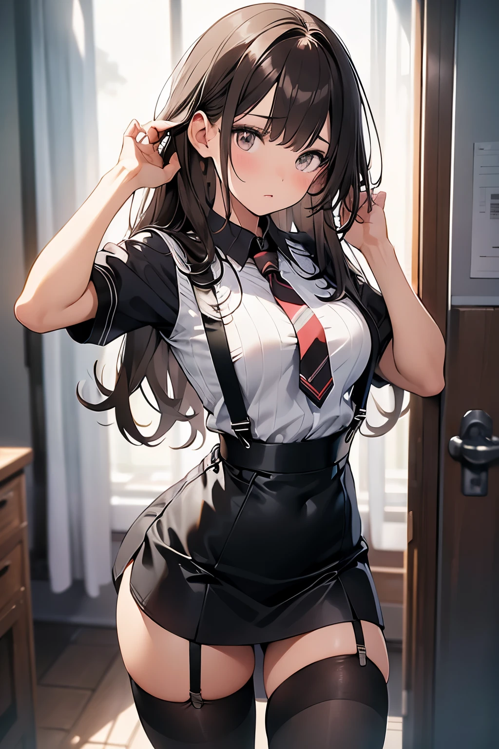 brown hair、looking at the viewer　　suspenders　　　Bulging big breasts　　 　 　　　　Black miniskirt　garter belt　knee high socks　　　　　　Gaze　　　small face　bangs 　　　　　Beauty　　hands up　　 　Gaze 　black boots 　provocation　　armpit sweat　one person 　　put your hands behind your back　cutter shirt　　Panty shot