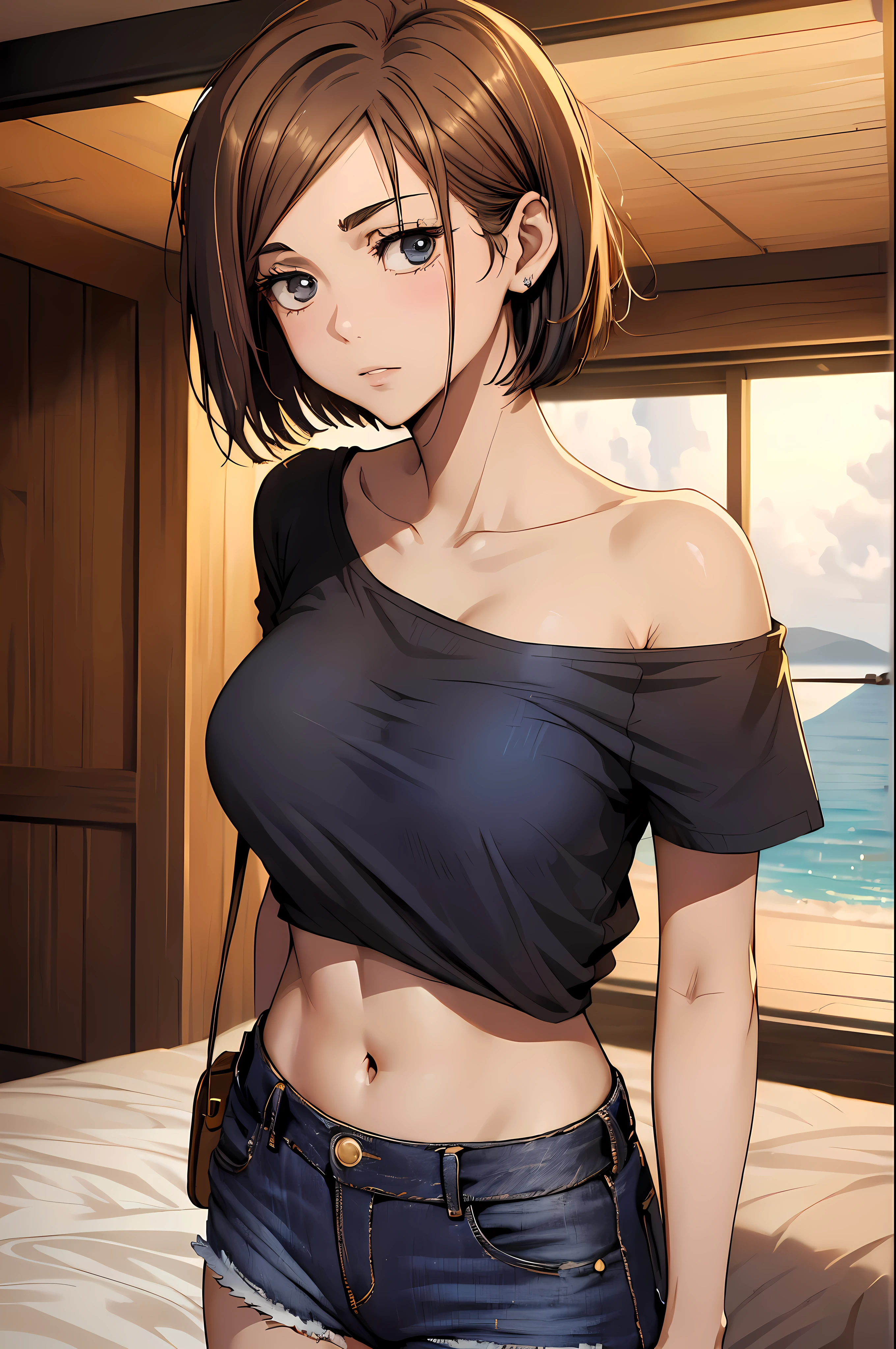 Anime girl in a black top and blue shorts standing on a bed - SeaArt AI