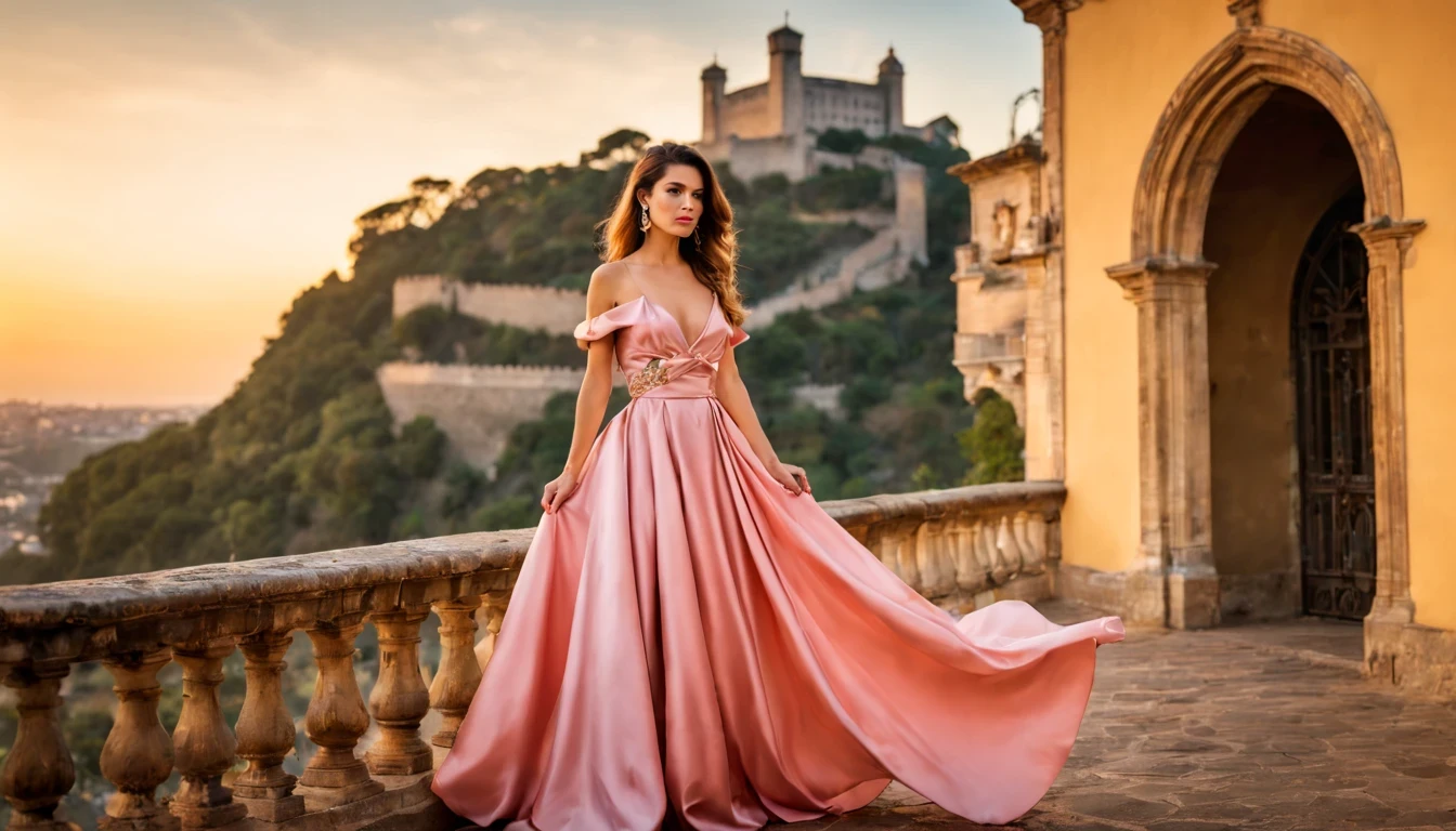 hermosa chica "Jennifer Lopes", vestido de cuerpo entero Vestido de seda rosa delicado y hermoso, en un escenario medieval, frente al castillo, con una hermosa puesta de sol de fondo.