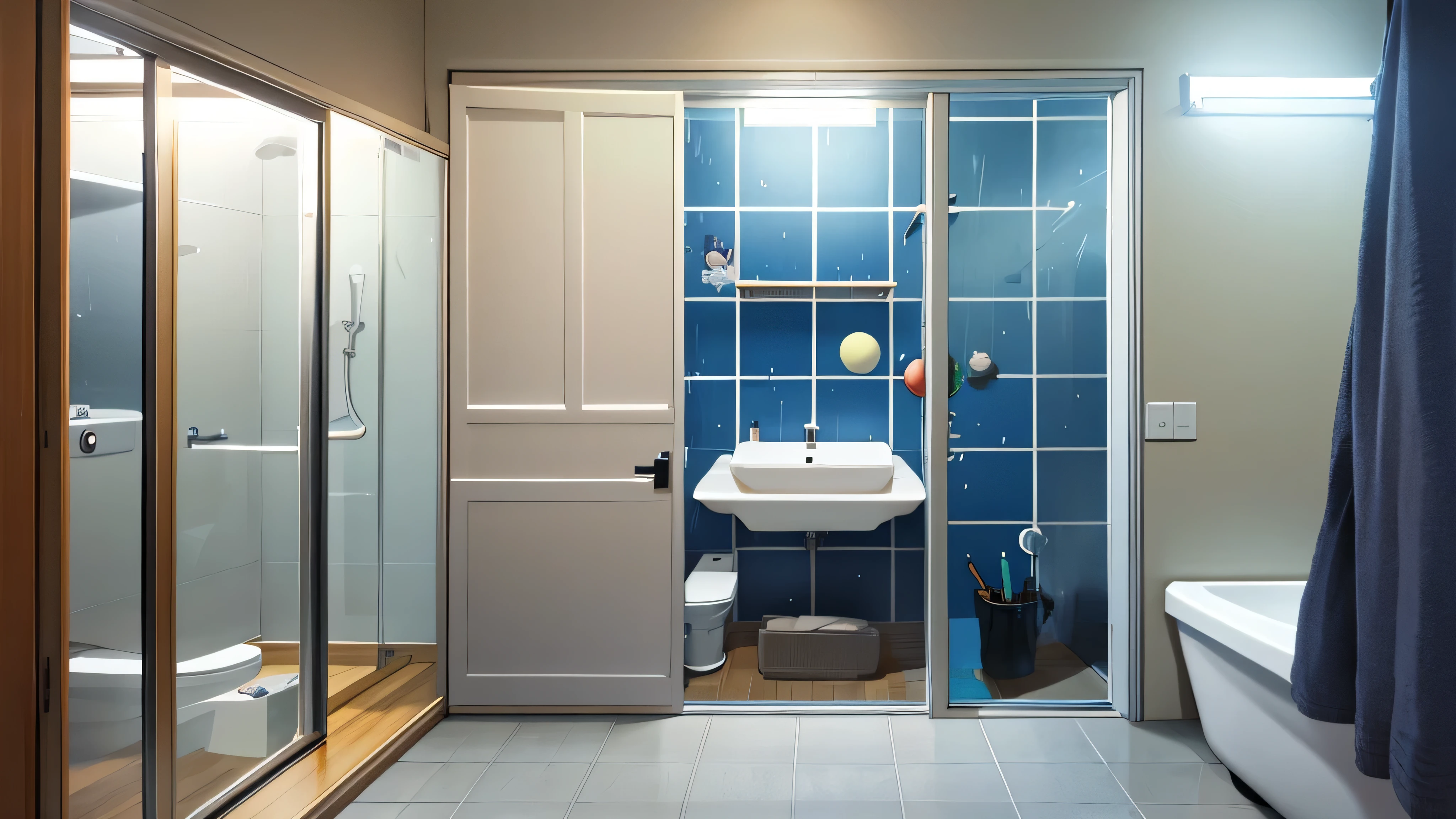 There is a bathroom with a blue tile wall and a white sink - SeaArt AI