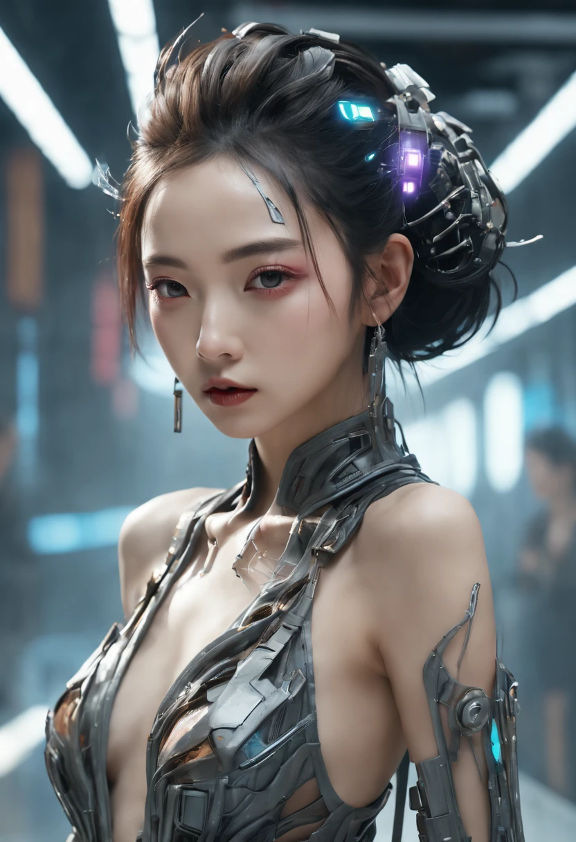 Optimal image, (8K, RAW photo, Realistic), Delicate and delicate brushstrokes and gorgeous and dynamic painting techniques, A full-body photo of a fashion model，A fashion runway for alien technology , vogue photography , Inspired by Chinese Xianxia and cyberpunk。(Best quality,4K,8K,A high resolution,Masterpiece:1.2), (Realistic,Photorealistic,photo-realistic:1.37).