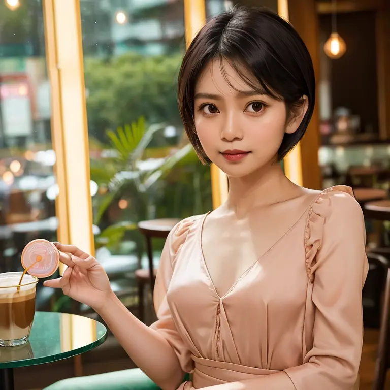 Half body portrait of a 33 years old malay woman sit in front of giant mirror,  pixie haircut, wearing peach blouse with satin g...