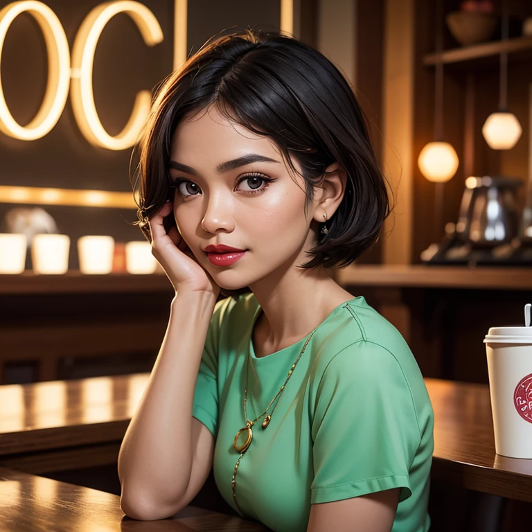 Half body portrait of a 33 years old malay woman sit in front of giant mirror,  pixie haircut, wearing peach blouse with satin green slack, narrow waist, indoor shot, looking up at coffee shop sign, soft lighting, smirk face, circle bokeh , small breast, catwalk, morningtime, surrounded by a comfortable, cool atmosphere, looking at the viewer. (Skin details:1.3), hairy hands, plump, red lips, seductive with bokeh camera background