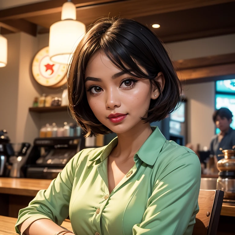 Half body portrait of a 33 years old malay woman sit in front of giant mirror,  pixie haircut, wearing peach blouse with satin green slack, narrow waist, indoor shot, looking up at coffee shop sign, soft lighting, smirk face, circle bokeh , small breast, catwalk, morningtime, surrounded by a comfortable, cool atmosphere, looking at the viewer. (Skin details:1.3), hairy hands, plump, red lips, seductive with bokeh camera background