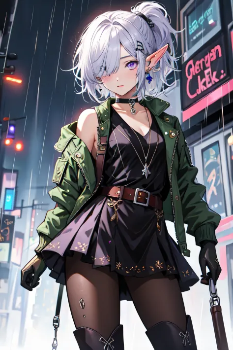 ((masterpiece)), ((best quality)), ((highres)), ((detailed background)), (elf), (1girl), cute girl, ((rock jacket)), black cloth...