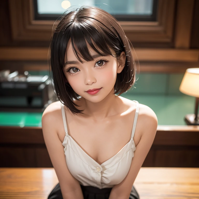 Half body portrait of a 33 years old malay woman sit in front of giant mirror,  pixie haircut, wearing peach blouse with satin green slack, narrow waist, indoor shot, looking up at coffee shop sign, soft lighting, smirk face, circle bokeh , small breast, catwalk, morningtime, surrounded by a comfortable, cool atmosphere, looking at the viewer. (Skin details:1.3), hairy hands, plump, red lips, seductive with bokeh camera background