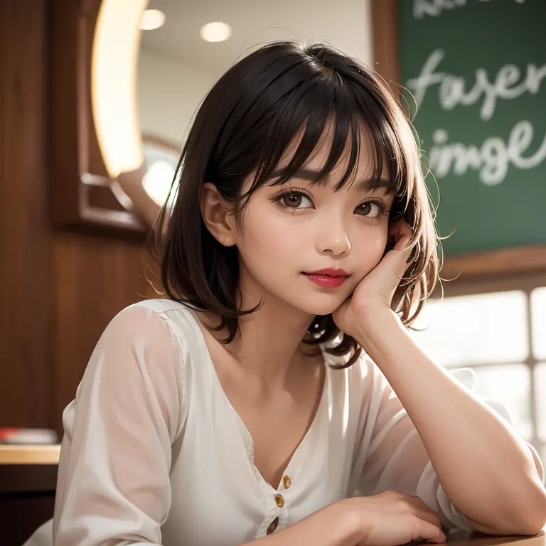 half body portrait of a 33 years old malay woman sit in front of giant mirror,  pixie haircut, wearing peach blouse with satin g...