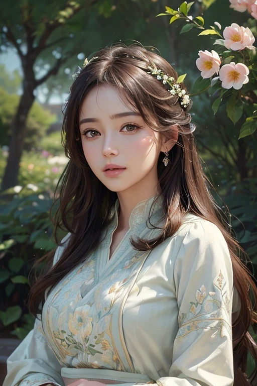 (best quality, ultra-detailed, realistic:1.37), vibrant colors, portrait, traditional lighting, elegant pose, peaceful garden background, traditional art medium, soft brush strokes, delicate details, fine texture, intricate patterns, nature-inspired motifs, captivating gaze, flowing hair.

I hope this helps!