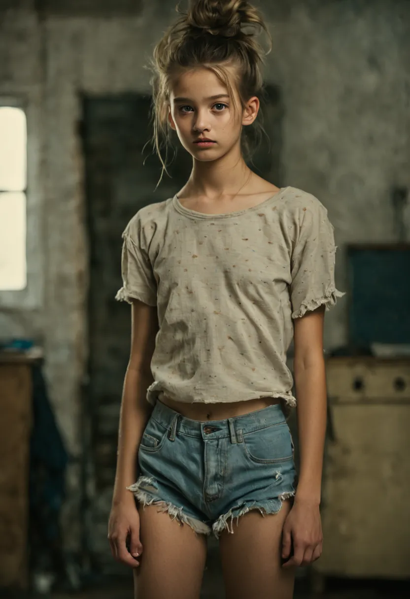 1girl, 14 years old, idol, , collarbone, ,standing, photography, film, depth of field, skin texture,, topknot, long hair, messy ...