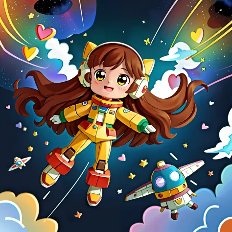 girl with long brown hair，put on the gundam robot suit，flying in space and time（in flight)（rainbow），（there is love）happy，surroun...