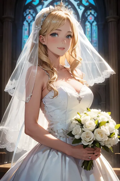 beautiful blonde woman　white veil on the face　Wedding dress　Bouquet in hand　smile　look at the audience　church　sunlight