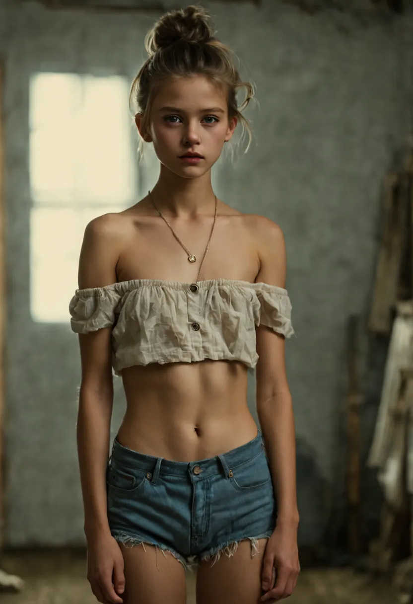 1girl, 14 years old, idol, , collarbone, ,standing, photography, film, depth of field, skin texture,, topknot, long hair, messy ...