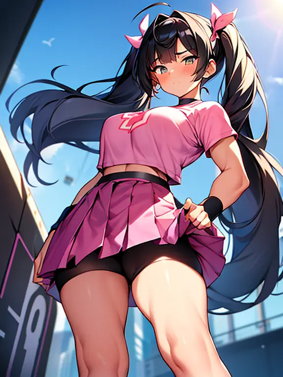 Tall (Giantess:1.3), athleic, (muscly:1.2), cute gentle magical girl with twintail black hair, pink clothes, (skirt:1.5)