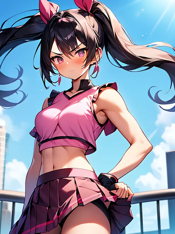 Tall (Giantess:1.3), athleic, (muscly:1.2), cute gentle magical girl with twintail black hair, pink clothes, (medium skirt:1.5)