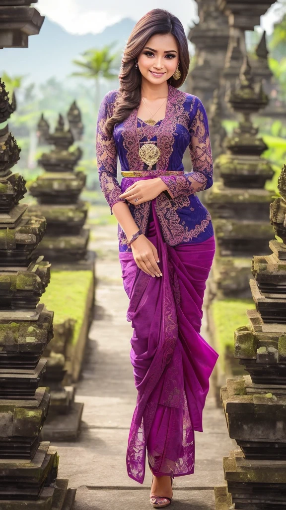 (Best quality, high resolution, Masterpiece: 1.3), a beautiful woman with a slender figure, (dark brown layered hairstyle), wearing a pendant, ((kebaya_bali)) outdoors, scenic beauty, lakes and mountains in distant background, details in face and skin texture beautifully rendered, details eyes, (best quality, high resolution, masterpiece: 1.3), a beautiful woman with a slim figure, (dark brown layered hairstyle),((kebaya_bali)), outdoors, background random, details in face and skin texture beautifully rendered, detail eyes, double eyelids, seductive laugh, feminine laugh, seductive pose