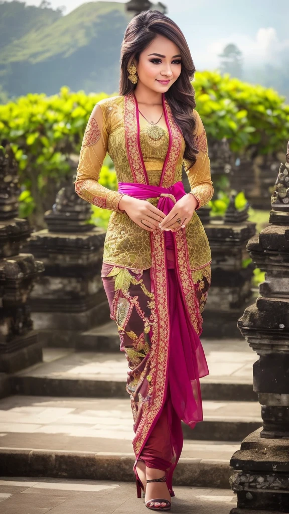 (Best quality, high resolution, Masterpiece: 1.3), a beautiful woman with a slender figure, (dark brown layered hairstyle), wearing a pendant, ((kebaya_bali)) outdoors, scenic beauty, lakes and mountains in distant background, details in face and skin texture beautifully rendered, details eyes, (best quality, high resolution, masterpiece: 1.3), a beautiful woman with a slim figure, (dark brown layered hairstyle),((kebaya_bali)), outdoors, background random, details in face and skin texture beautifully rendered, detail eyes, double eyelids, seductive laugh, feminine laugh, seductive pose