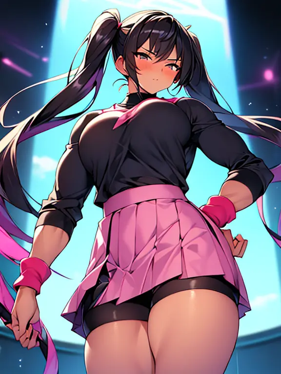 Tall (Giantess:1.3), athleic, (muscly:1.2), cute (gentle:1.2) magical girl with twintail black hair, pink clothes, (skirt:1.5)