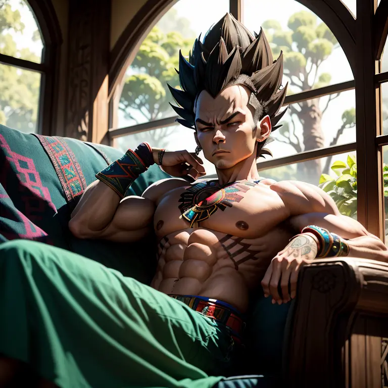 Aztec Native, solo, anthropomorphic Vegeta from Dragon Ball, deep in thought, seated on a vibrant and intricately patterned couc...