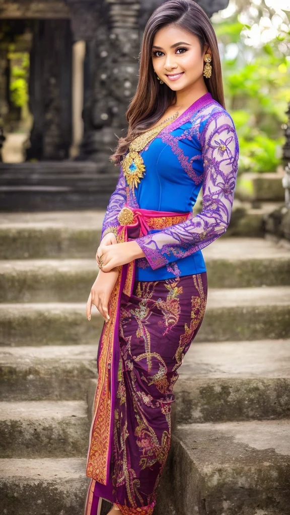 (High quality, 16K, HDR), a beautiful woman with a slender figure, (dark brown layered hairstyle), wearing a pendant, ((kebaya_bali)) outdoors, scenic beauty, lakes and mountains in distant background, details in face and skin texture beautifully rendered, details eyes, (best quality, high resolution, masterpiece: 1.3), a beautiful woman with a slim figure, (dark brown layered hairstyle),((kebaya_bali)), outdoors, background random, details in face and skin texture beautifully rendered, detail eyes, double eyelids, seductive laugh, feminine laugh,high-heels,blue eyes, seductive pose

