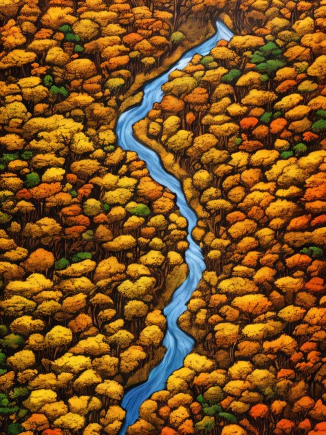 a creek through the autumn forest, fantasy, illustrator style, aerial view, hd, detail