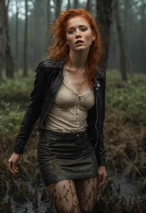 an exquisitely detailed photograph of a graceful red-haired girl with freckles, drowning in bog, standing+(sexy touching herself...