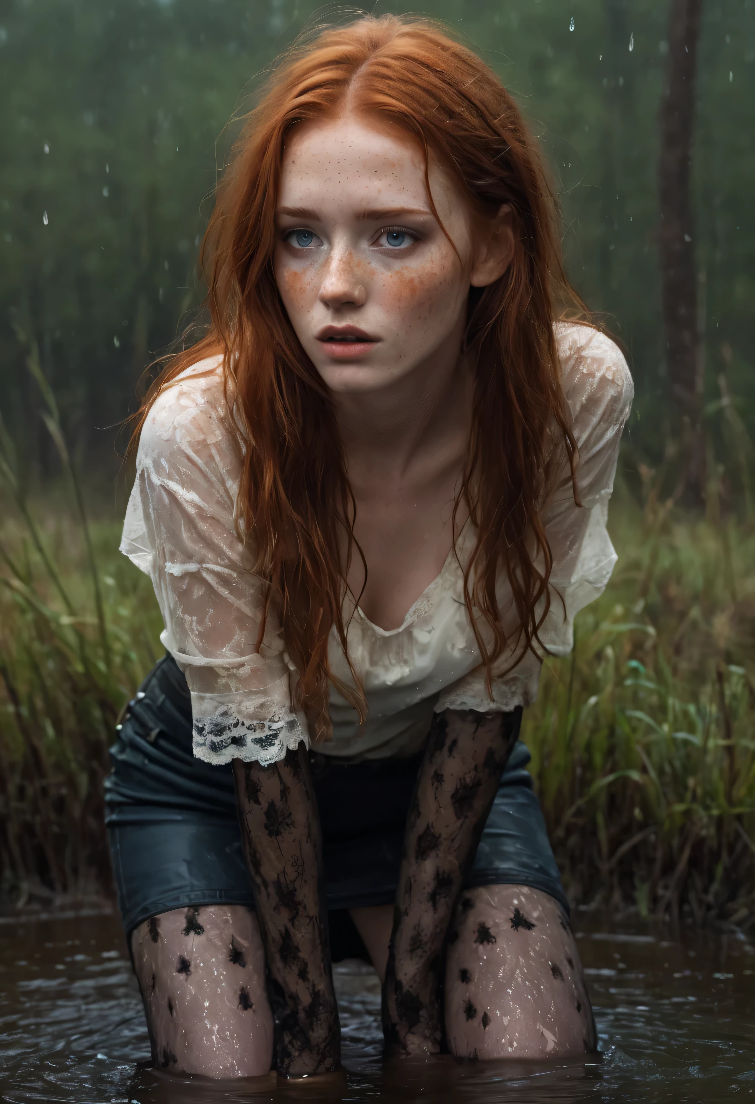 An exquisitely detailed photograph of a graceful red-haired girl with freckles, drowning in bog, standing+(sexy touching herself), a scattering of freckles on the dewdrops of a beautiful face, with pointed features, a dreamy look of languid eyes and a slightly open mouth in an expression of euphoria. She&#39;s wearing a wet T-shirt, tight-fitting chest, detailed denim skirt, (leather jacket), (detailed lace stockings with garters:1.3), embedded in the muddy bottom of the bog. Among tree stumps and trees entangled in thorny vines, a girl drowns in a dark swamp., desperately clinging to slippery snags with your fingers, but unable to overcome the viscous dno. Her face, thrown back to the sky, expresses a mixture of agony, shame and perverted pleasure from indulging in a dirty fetish, full body, 