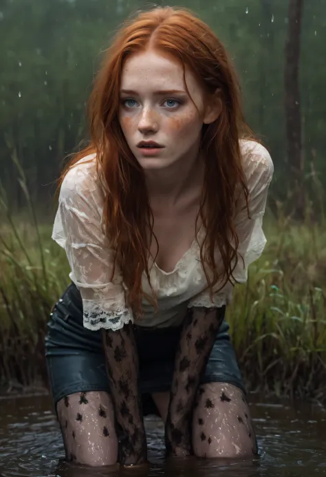 An exquisitely detailed photograph of a graceful red-haired girl with freckles, drowning in bog, standing+(sexy touching herself...
