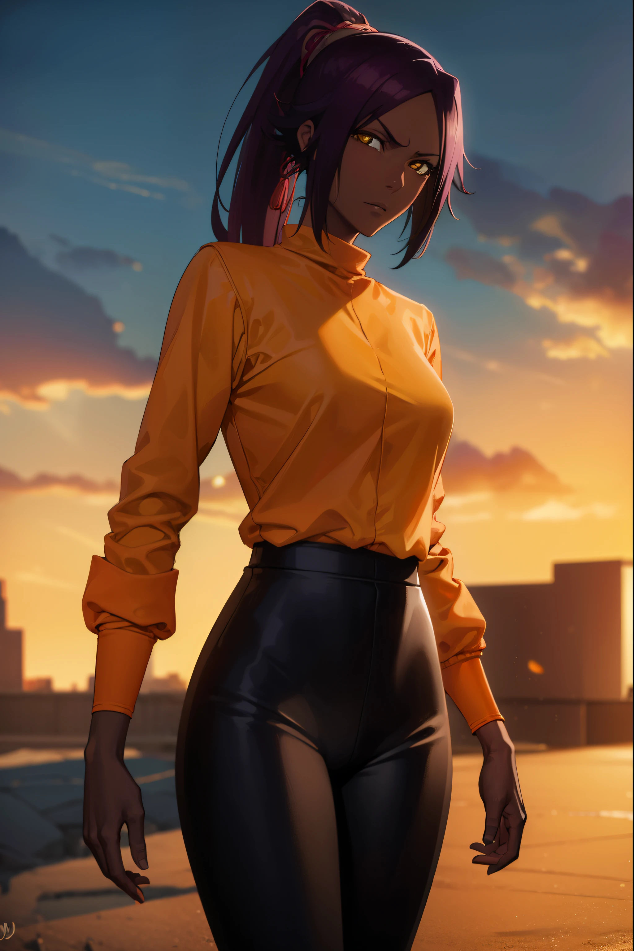 yoruichishihouin, yoruichi shihouin, long hair, (yellow eyes:1.5), ponytail, purple hair, dark skin, dark-skinned female,
BREAK bodysuit, black bodysuit, bodysuit under clothes, (orange shirt:1.5), long sleeves,
BREAK outdoors,
BREAK looking at viewer, (cowboy shot:1.5),
BREAK (masterpiece:1.2), best quality, high resolution, unity 8k wallpaper, (illustration:0.8), (beautiful detailed eyes:1.6), extremely detailed face, perfect lighting, extremely detailed CG, (perfect hands, perfect anatomy),