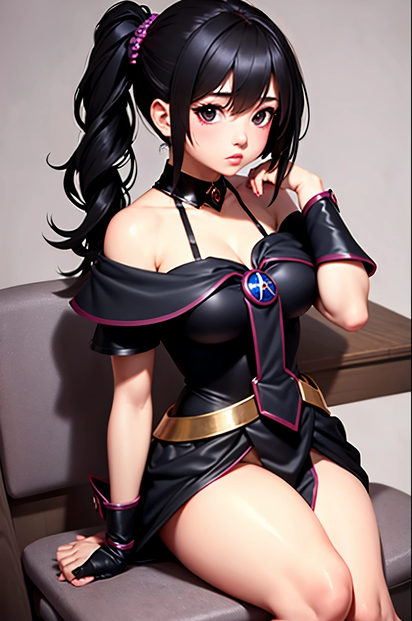 masterpiece, 1girl, medium breasts, solo,  side ponytail, black hair, long hair, (black eyes:1.1), homes itting in chair, wearing dark magician girl outfit
